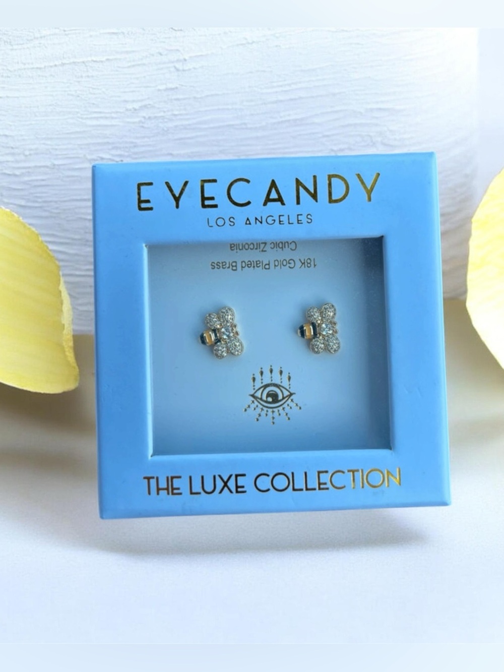 eye candy Blue Box Bee Stud Earrings with Gold Accents